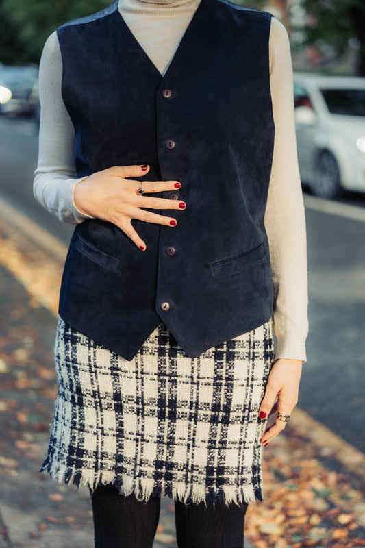 SUEDE NAVY VEST SIZE L UK 12