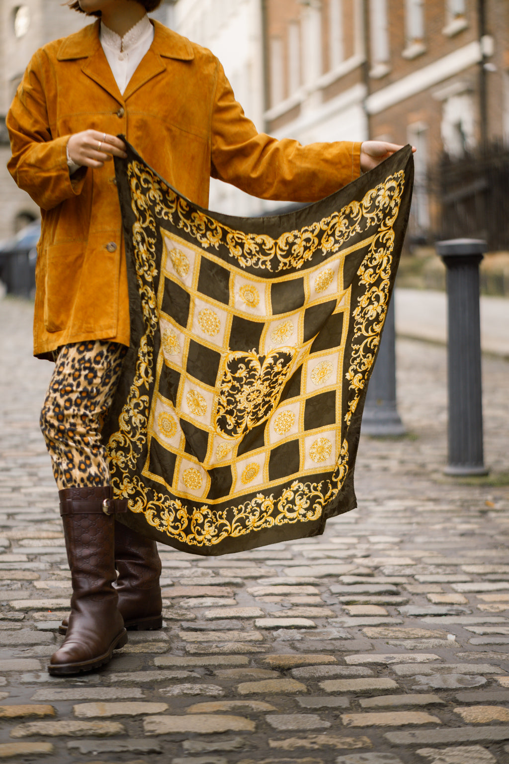 Handmade Italian Silk Carré Scarf with Baroque Medallion Print