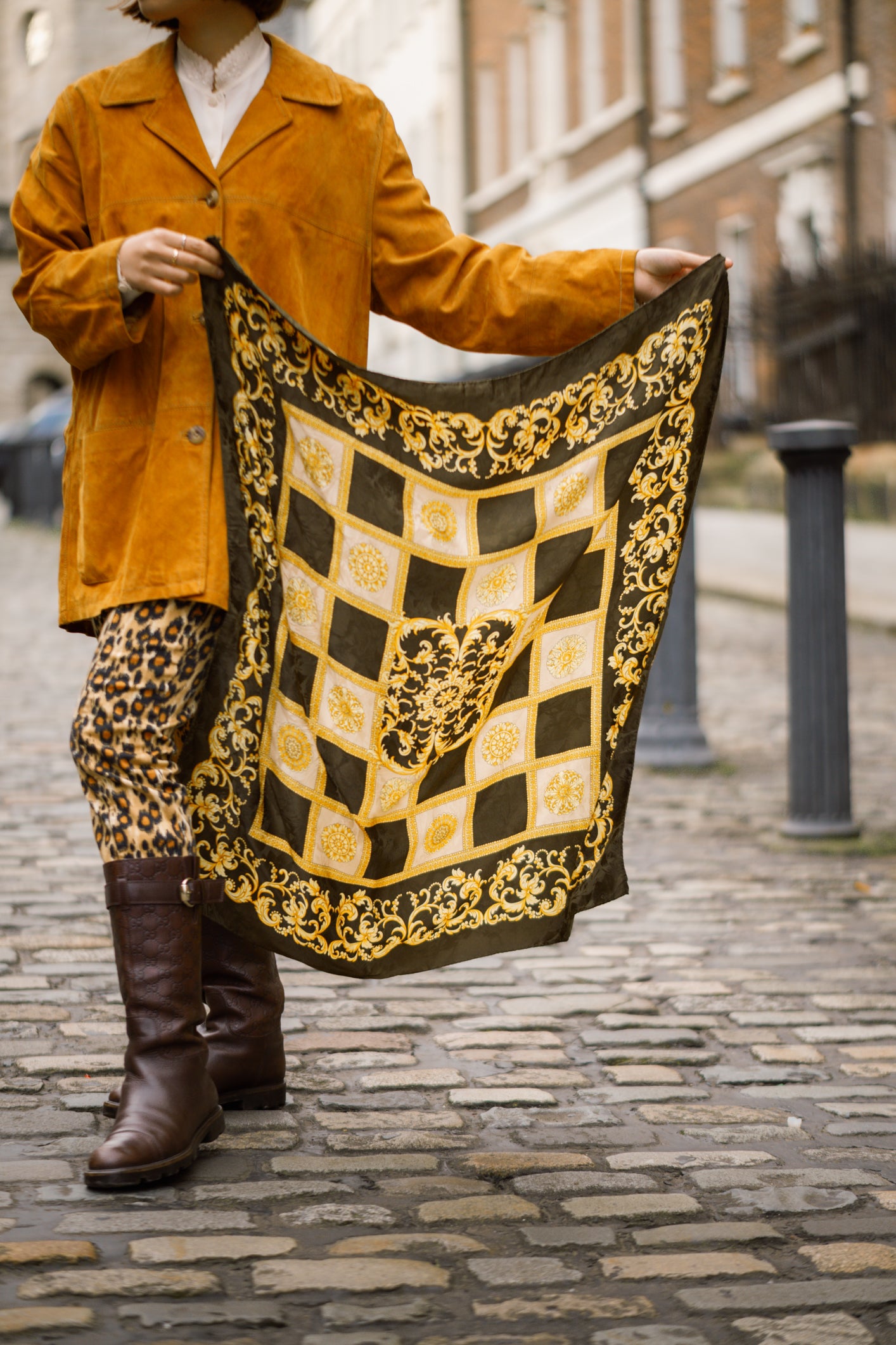 Handmade Italian Silk Carré Scarf with Baroque Medallion Print