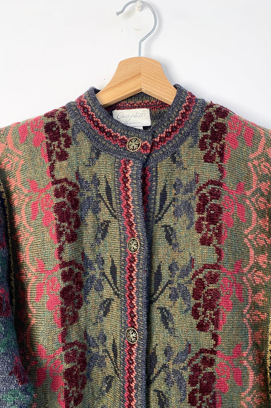 Pattern Cardigan Olive Green, knit detailing Size M/L UK 10/12