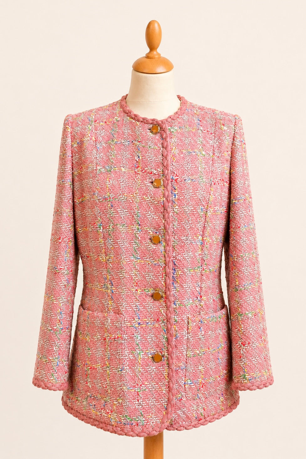 Pink Bouclé Blazer Round Collar