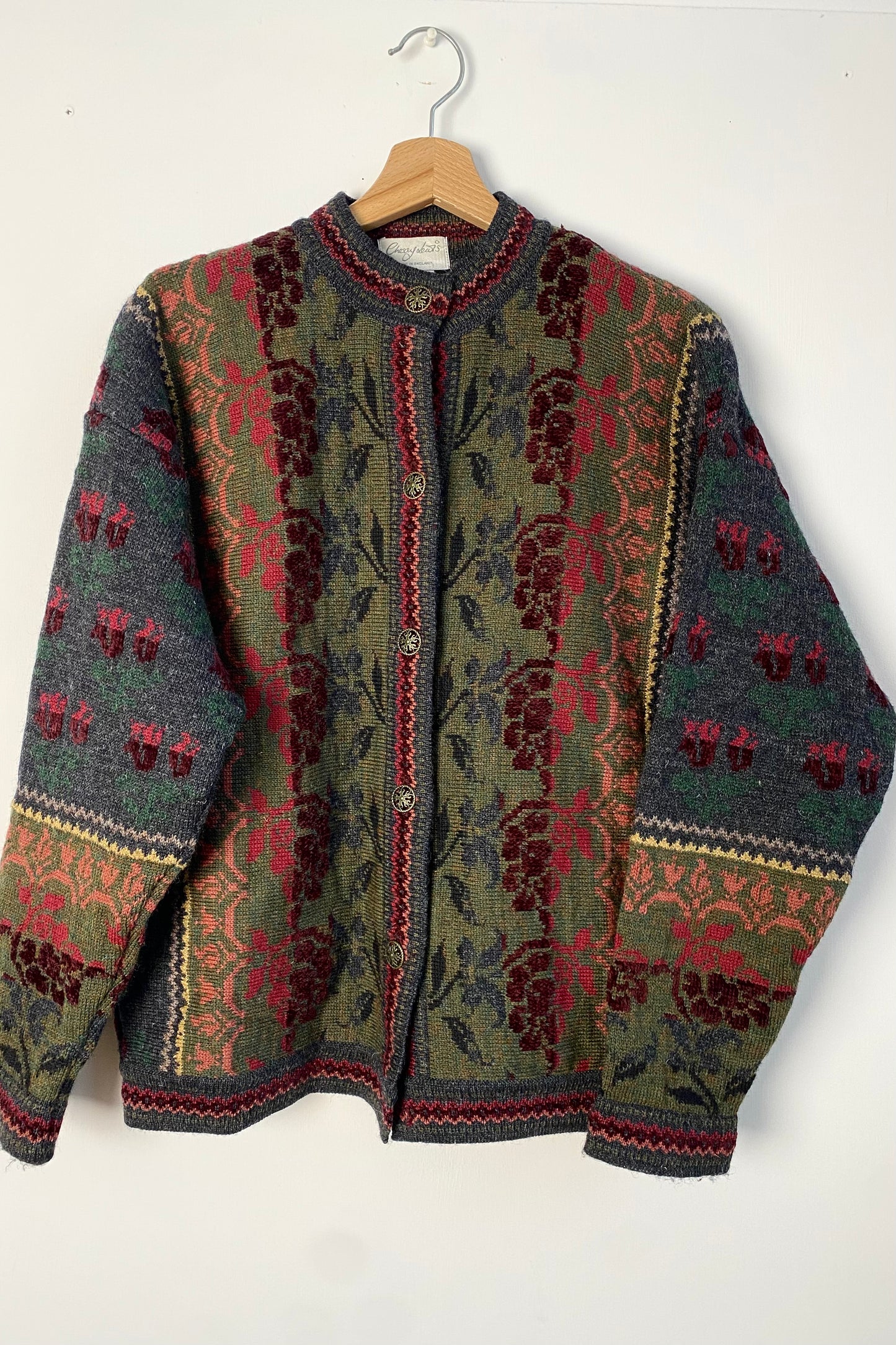 Pattern Cardigan Olive Green, knit detailing Size M/L UK 10/12