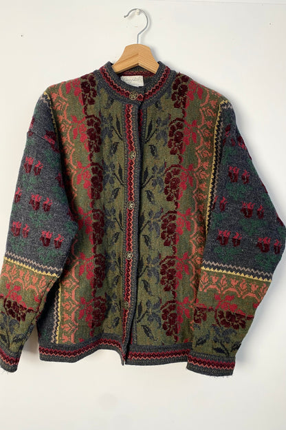 Pattern Cardigan Olive Green, knit detailing Size M/L UK 10/12