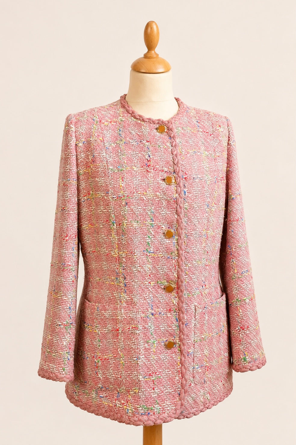 Pink Bouclé Blazer Round Collar