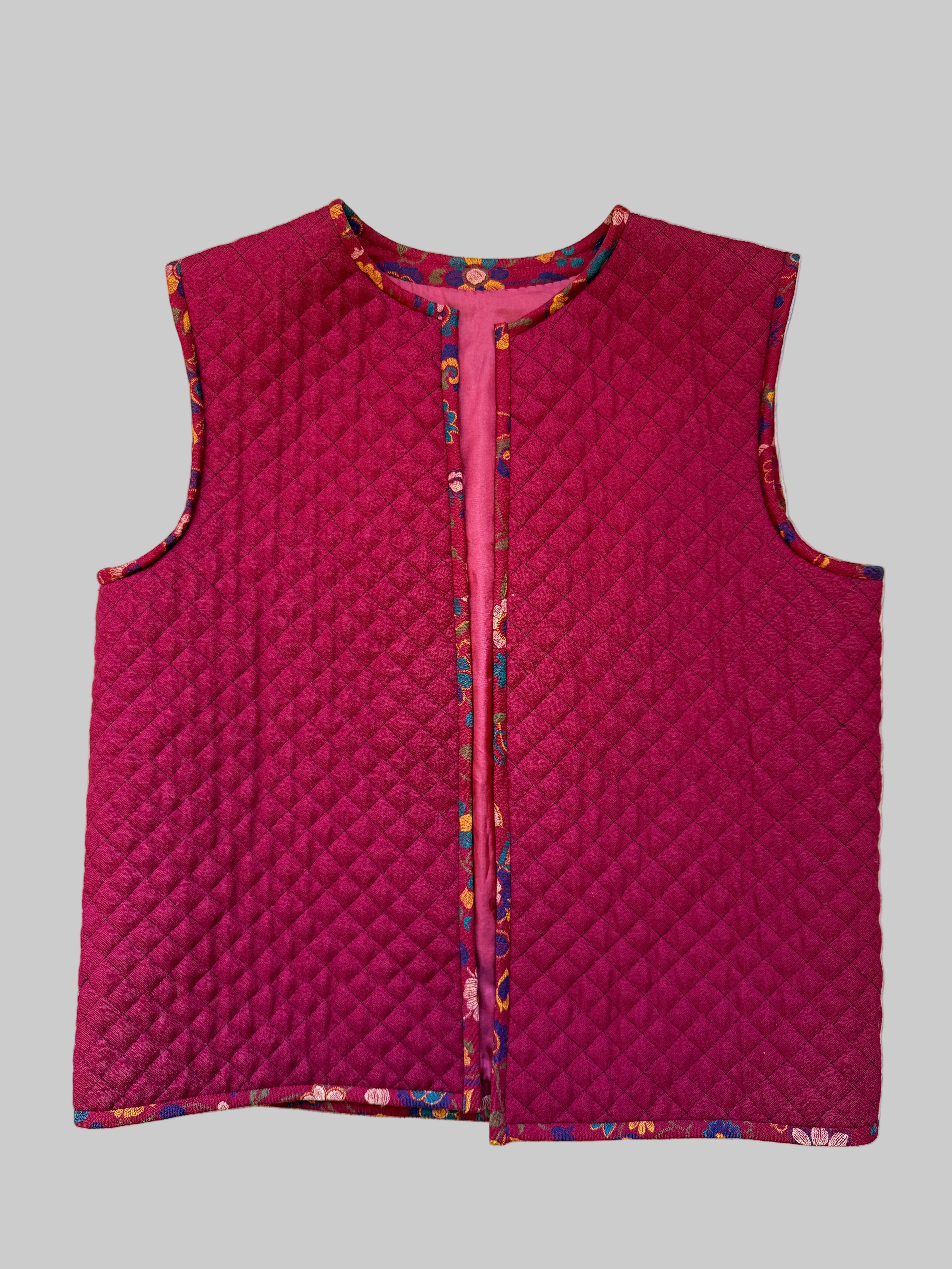 Red Quilted Waistcoat with Floral Trim