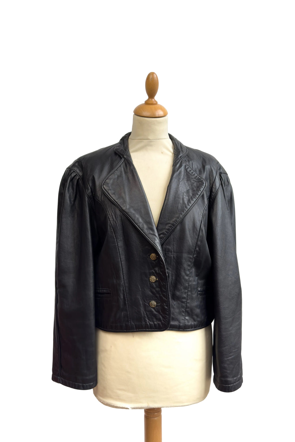 Equestrian Italian Cropped Leather Jacket with Gold Buttons