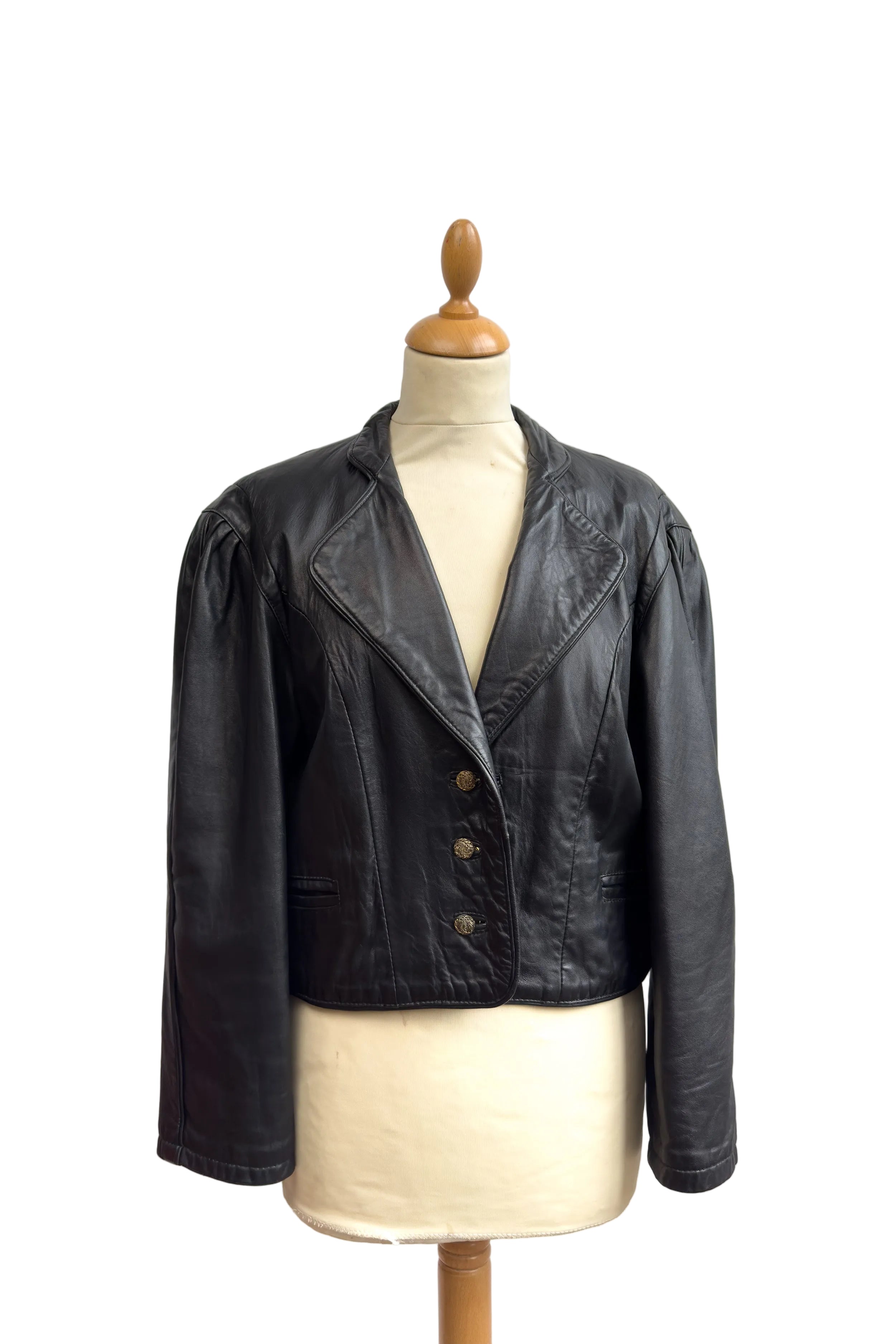 Equestrian Italian Cropped Leather Jacket with Gold Buttons