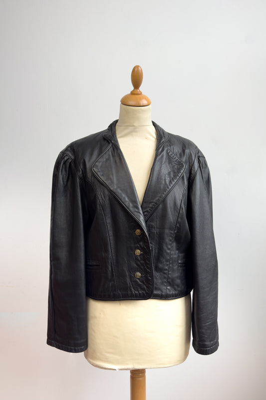 80s Cropped Leather Jacket with Gold Buttons Size XS/S 6/8 UK