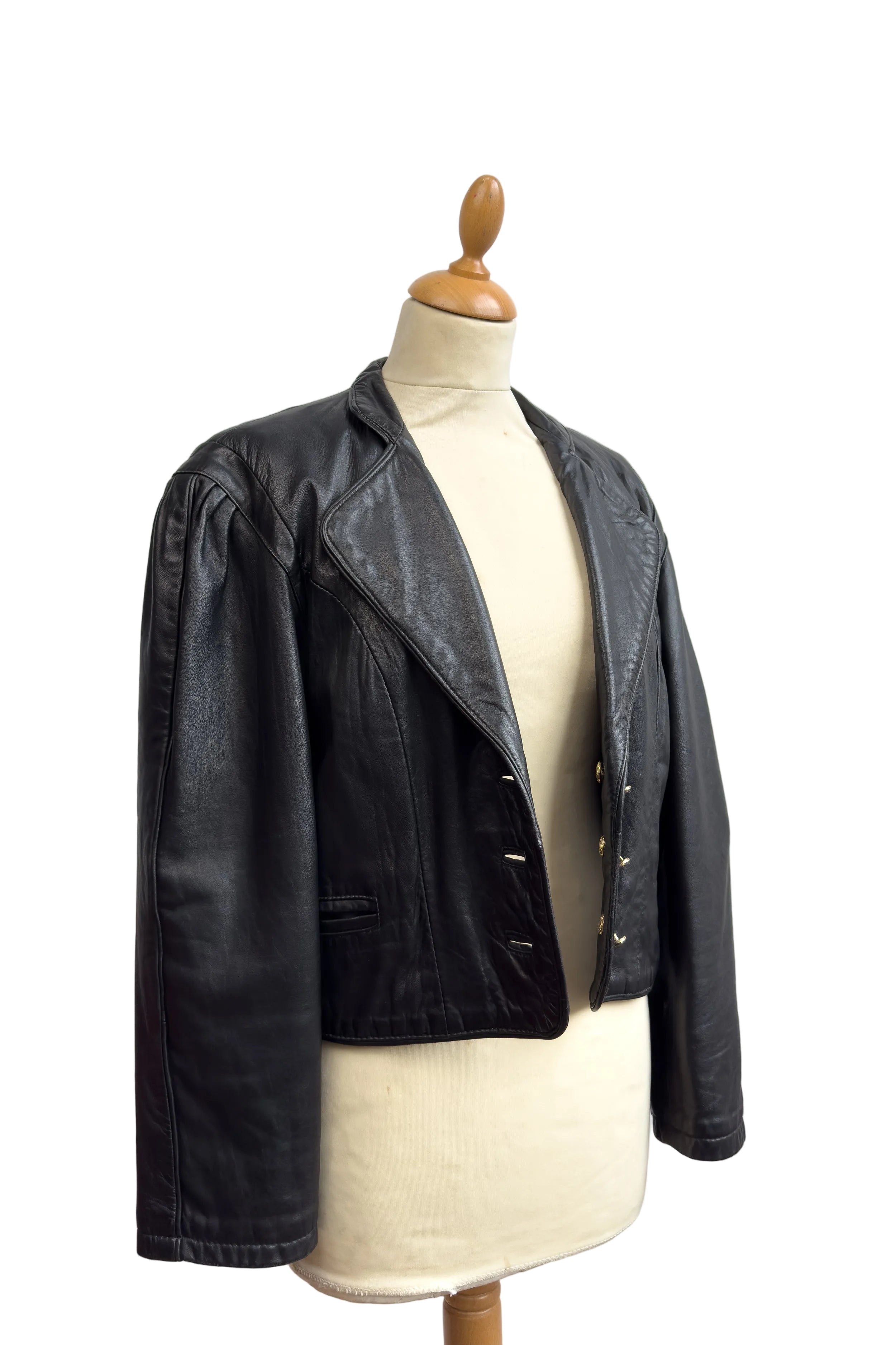 Equestrian Italian Cropped Leather Jacket with Gold Buttons