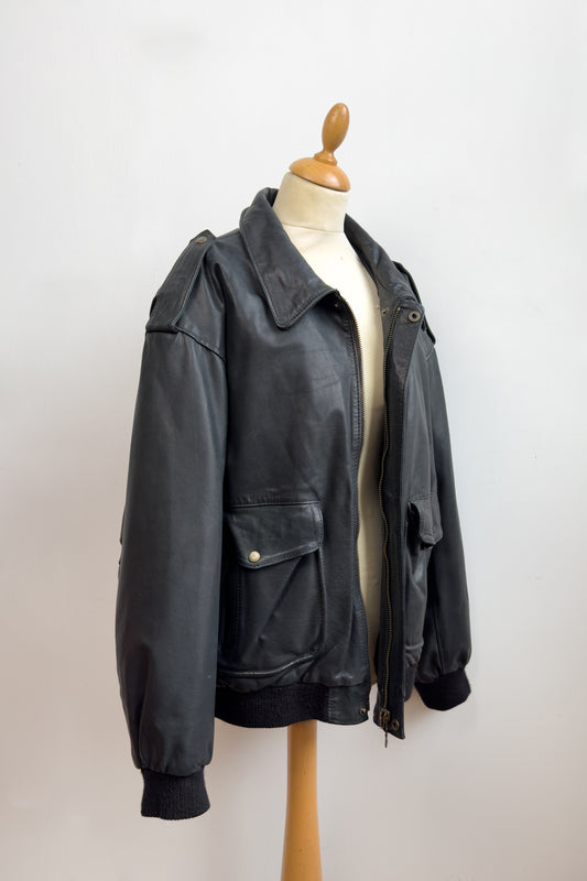 Black Leather Bomber Jacket Size XL UK 12/14