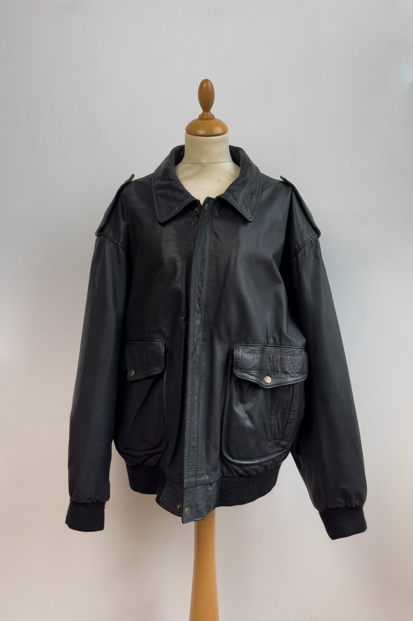 Black Leather Bomber Jacket Size XL UK 12/14