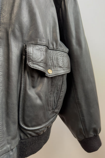 Black Leather Bomber Jacket Size XL UK 12/14