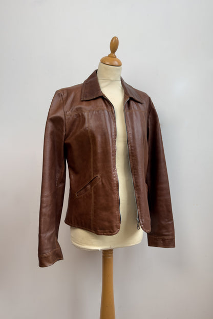 Italian Caramel Brown Leather Biker Jacket Size M/L UK 10/12