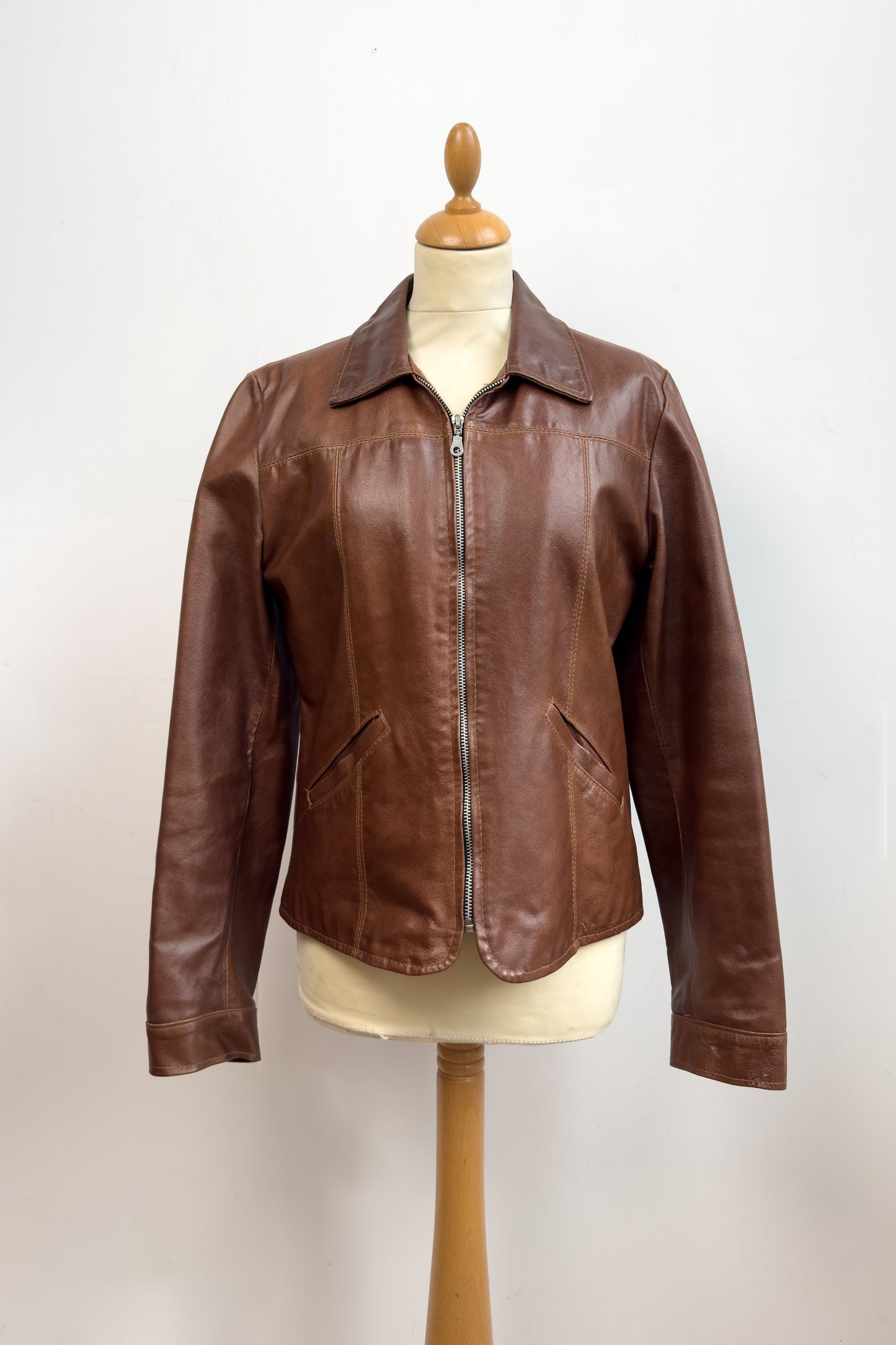 Italian Caramel Brown Leather Biker Jacket Size M/L UK 10/12