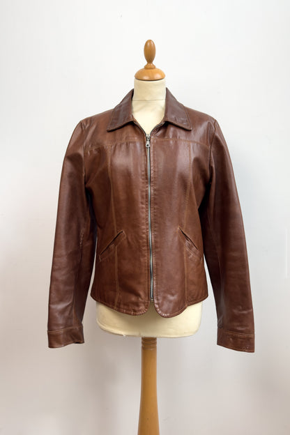 Italian Caramel Brown Leather Biker Jacket Size M/L UK 10/12