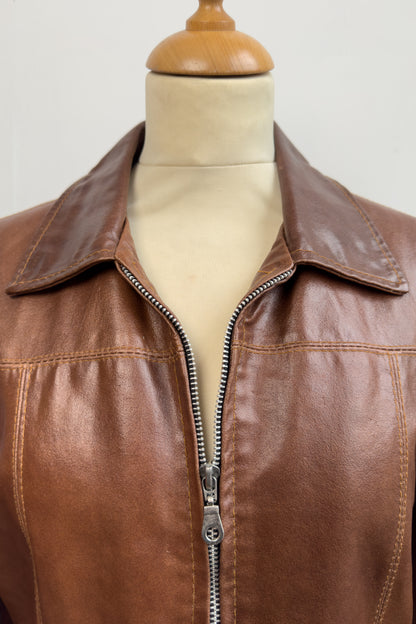 Italian Caramel Brown Leather Biker Jacket Size M/L UK 10/12