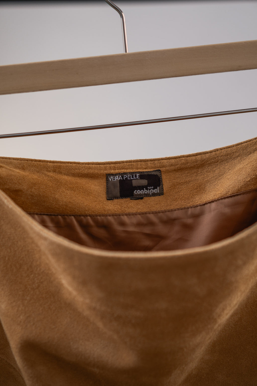 Camel Suede Leather Conbipel Skirt