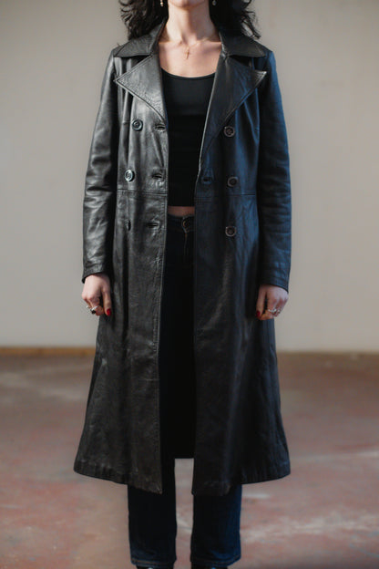 Black Italian Leather Trench Coat Double-breasted Size S/M UK 8/10