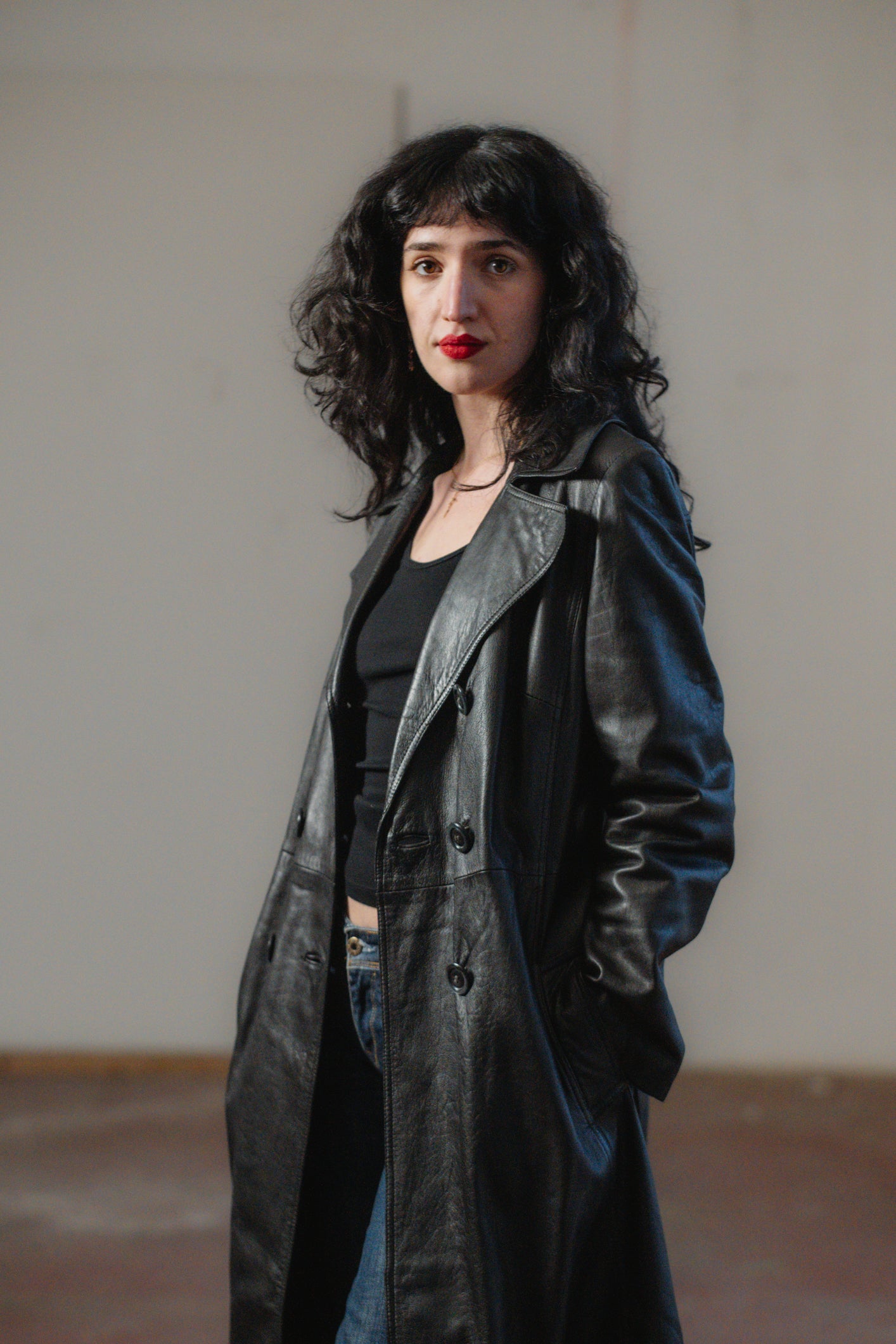 Black Italian Leather Trench Coat Double-breasted Size S/M UK 8/10