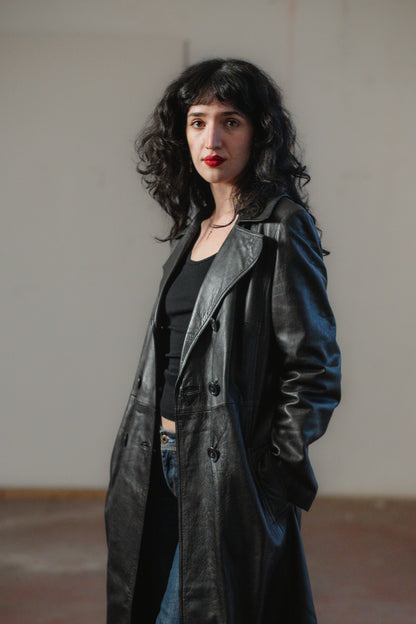 Black Italian Leather Trench Coat Double-breasted Size S/M UK 8/10