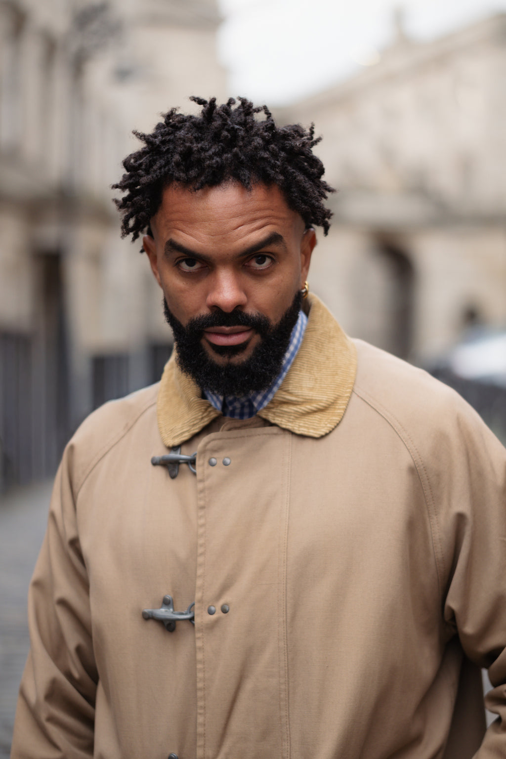 Vintage Fireman-Style Canvas Jacket with Corduroy Collar