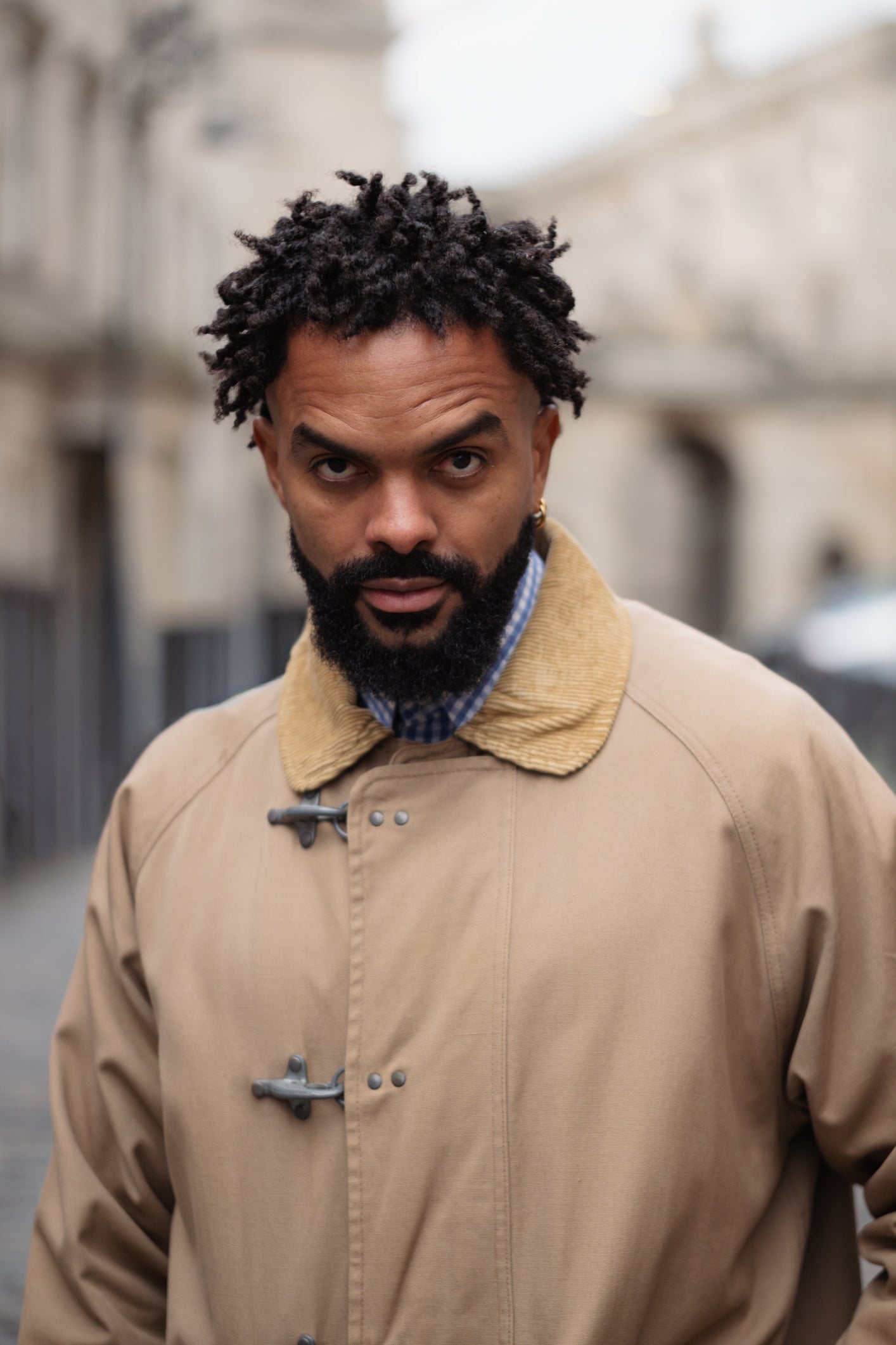 Vintage Fireman-Style Canvas Jacket with Corduroy Collar