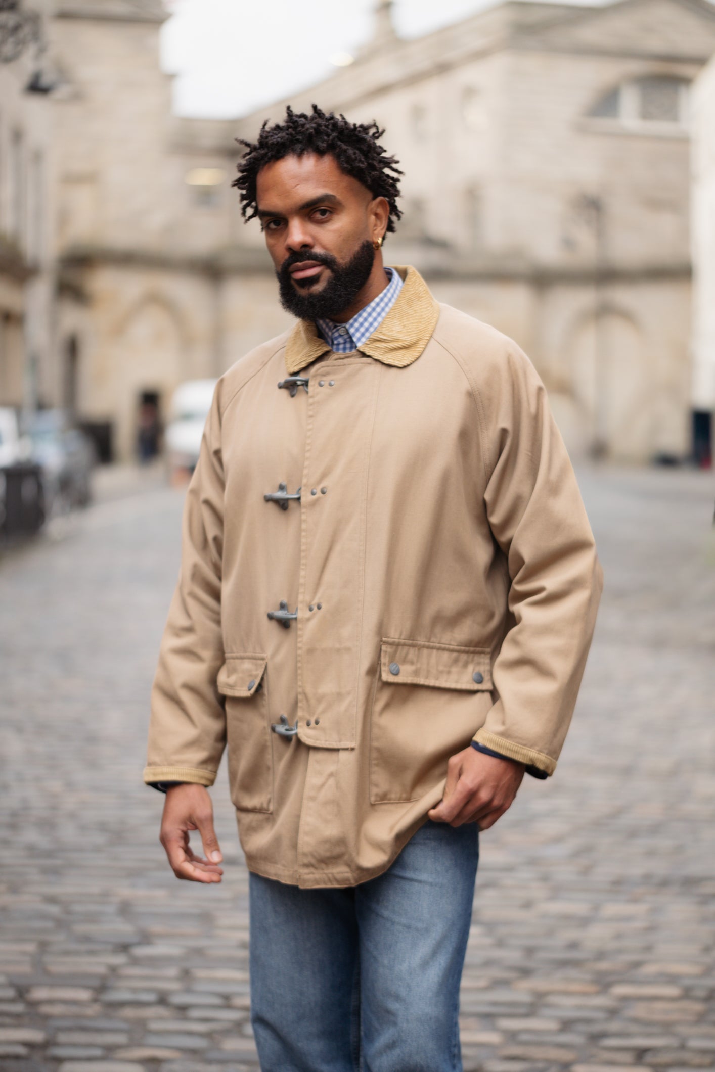 Vintage Fireman-Style Canvas Jacket with Corduroy Collar