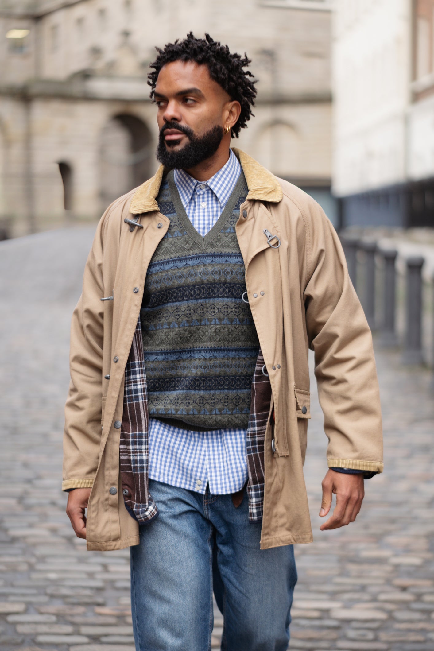 Vintage Fireman-Style Canvas Jacket with Corduroy Collar