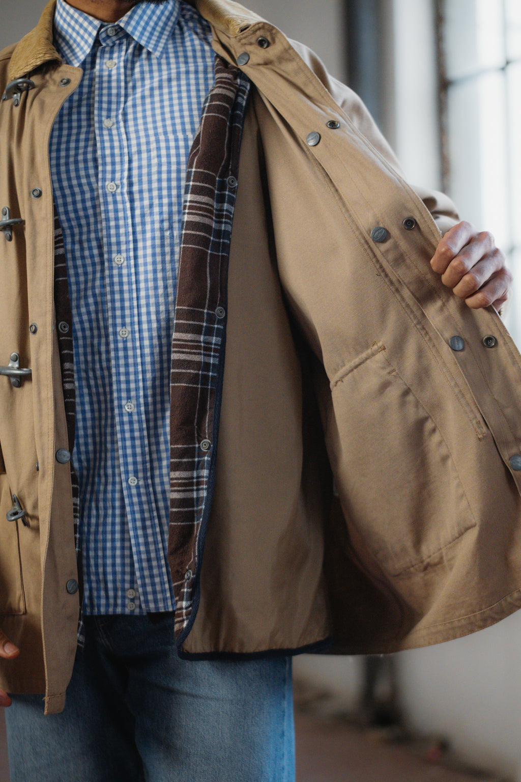Vintage Fireman-Style Canvas Jacket with Corduroy Collar