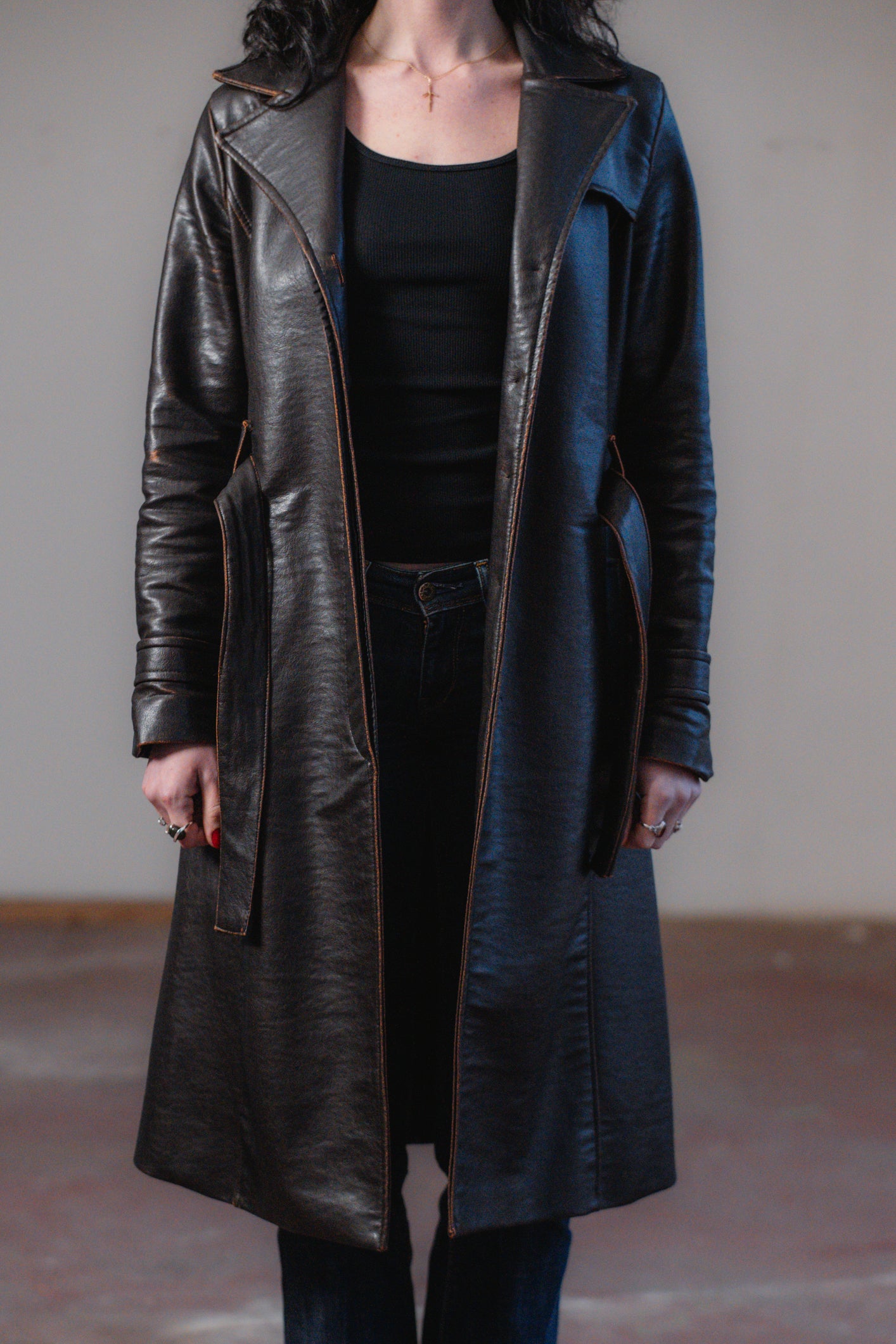 Dark Brown Faux Leather Trench Coat Size S/M UK 8/10