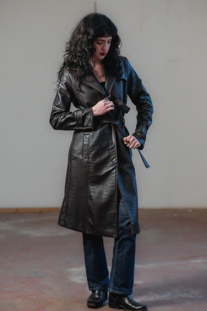 Dark Brown Faux Leather Trench Coat Size S/M UK 8/10