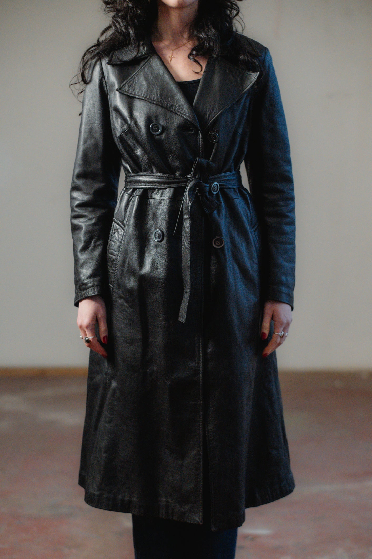 Black Italian Leather Trench Coat Double-breasted Size S/M UK 8/10