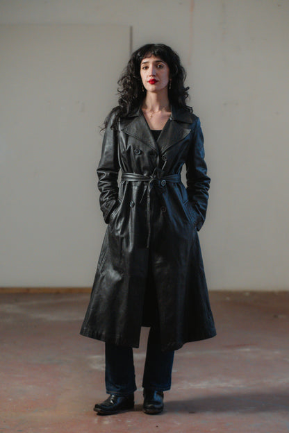 Black Italian Leather Trench Coat Double-breasted Size S/M UK 8/10