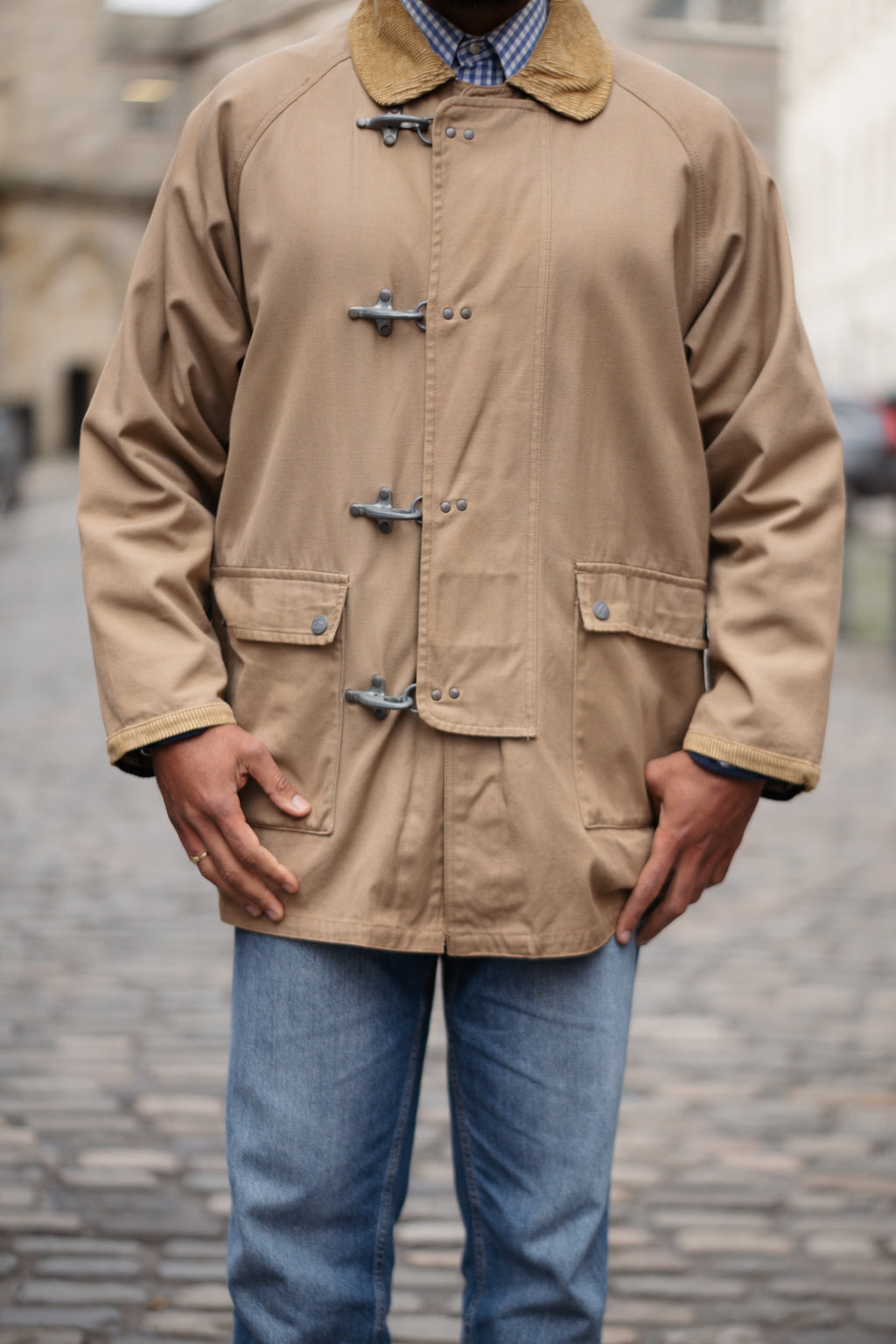 Vintage Fireman-Style Canvas Jacket with Corduroy Collar
