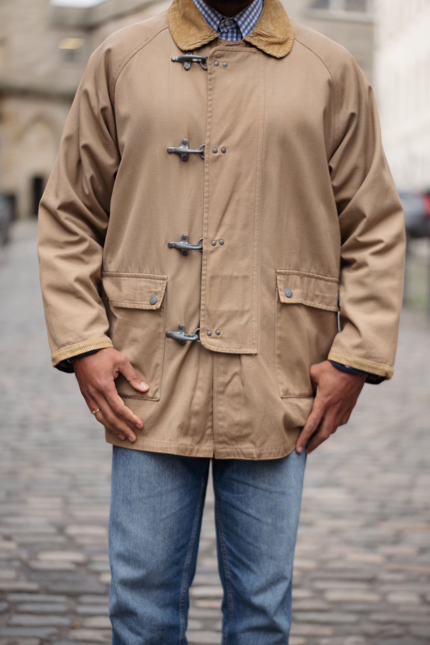Vintage Fireman-Style Canvas Jacket with Corduroy Collar