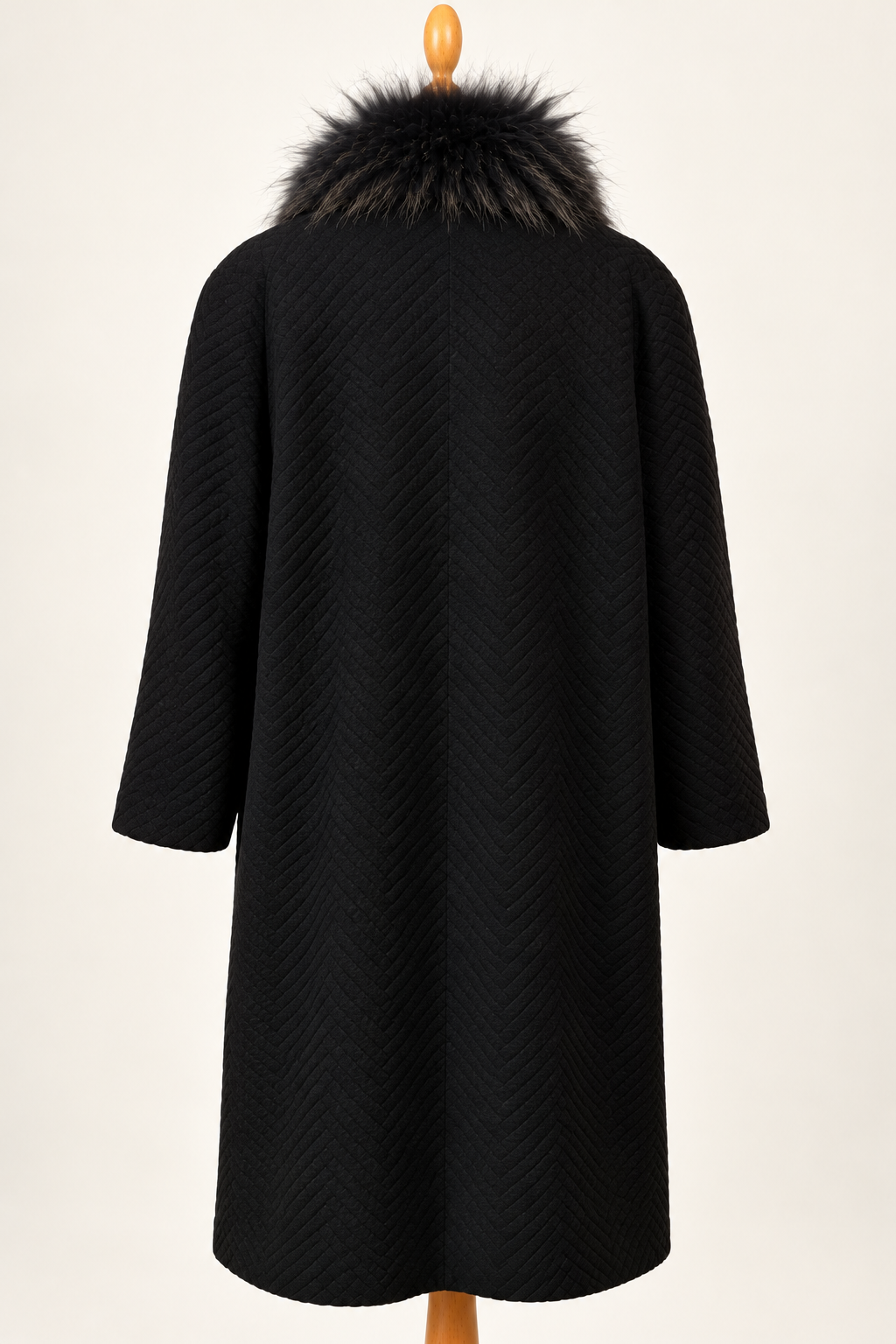 Black Wool & Angora Coat with Real Fur Trim
