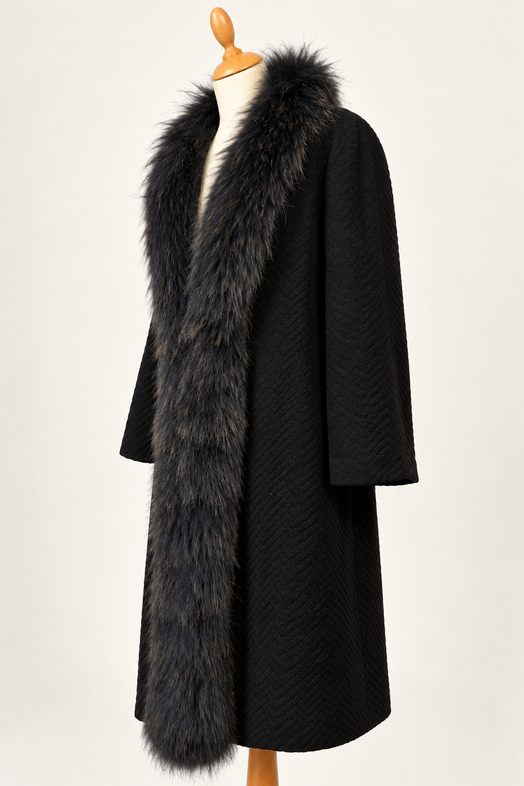 Black Wool & Angora Coat with Real Fur Trim