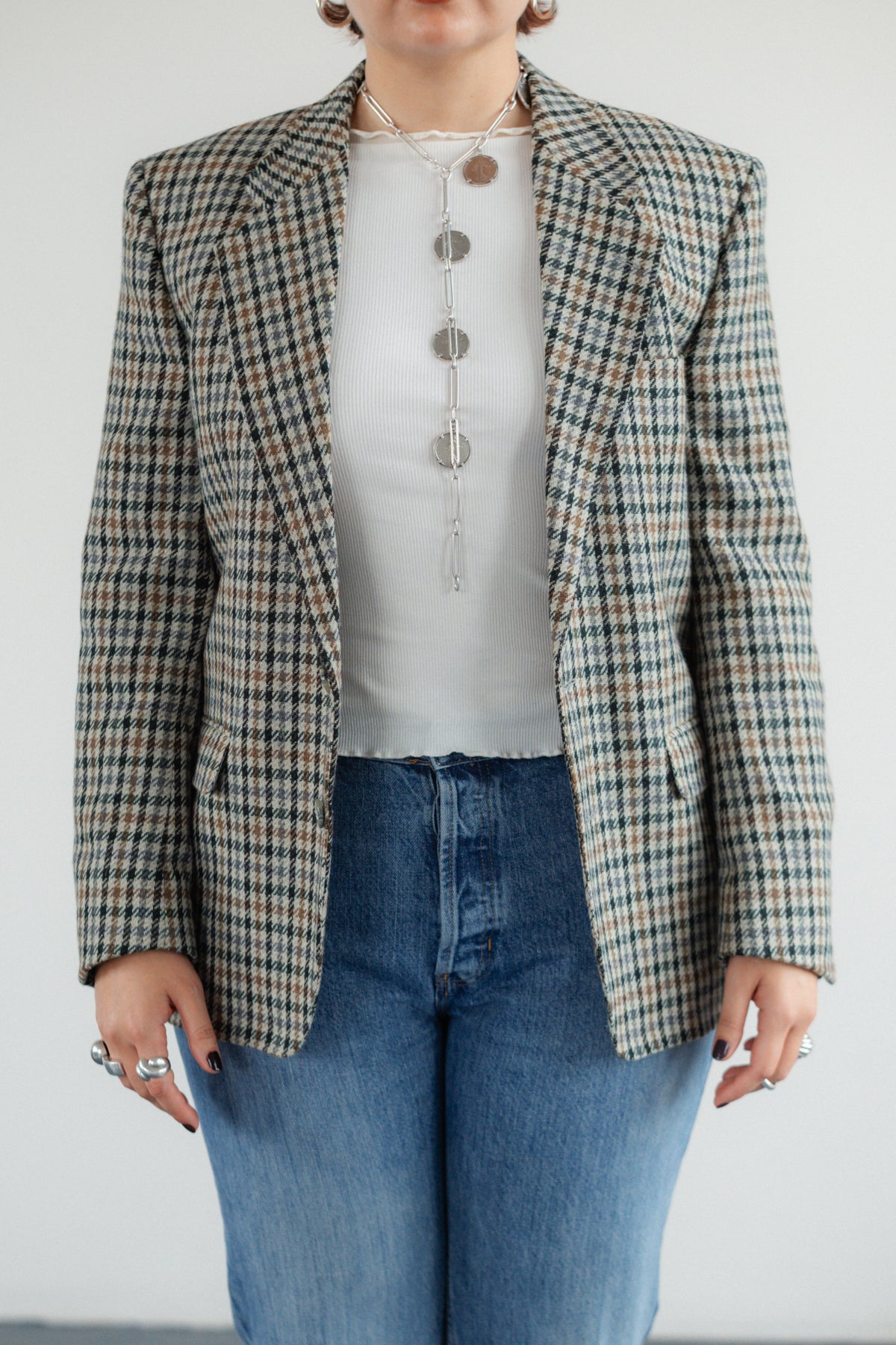 Grey, Black & Brown Check Wool-Blend Blazer