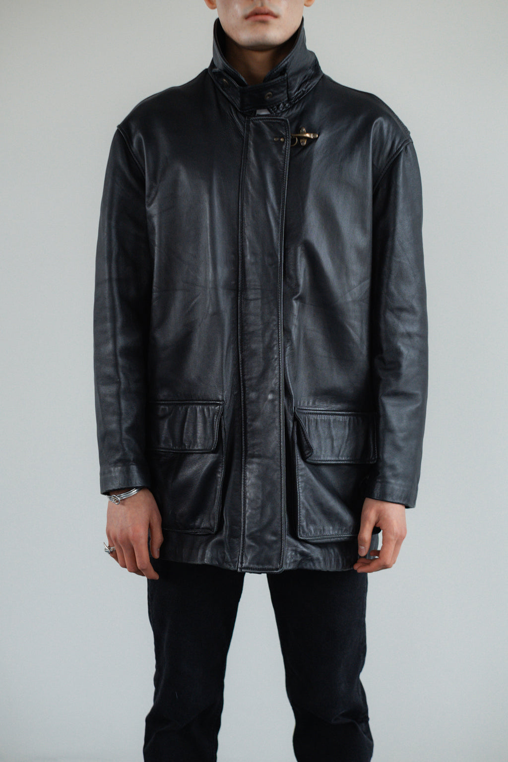 Black Genuine Utility Leather Coat with High Collar