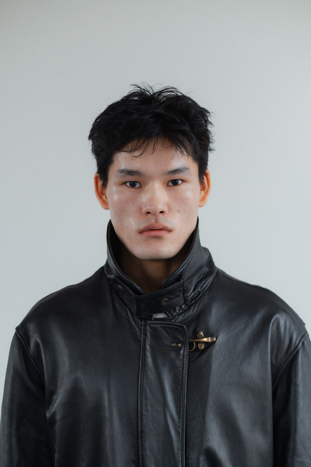 Black Genuine Utility Leather Coat with High Collar