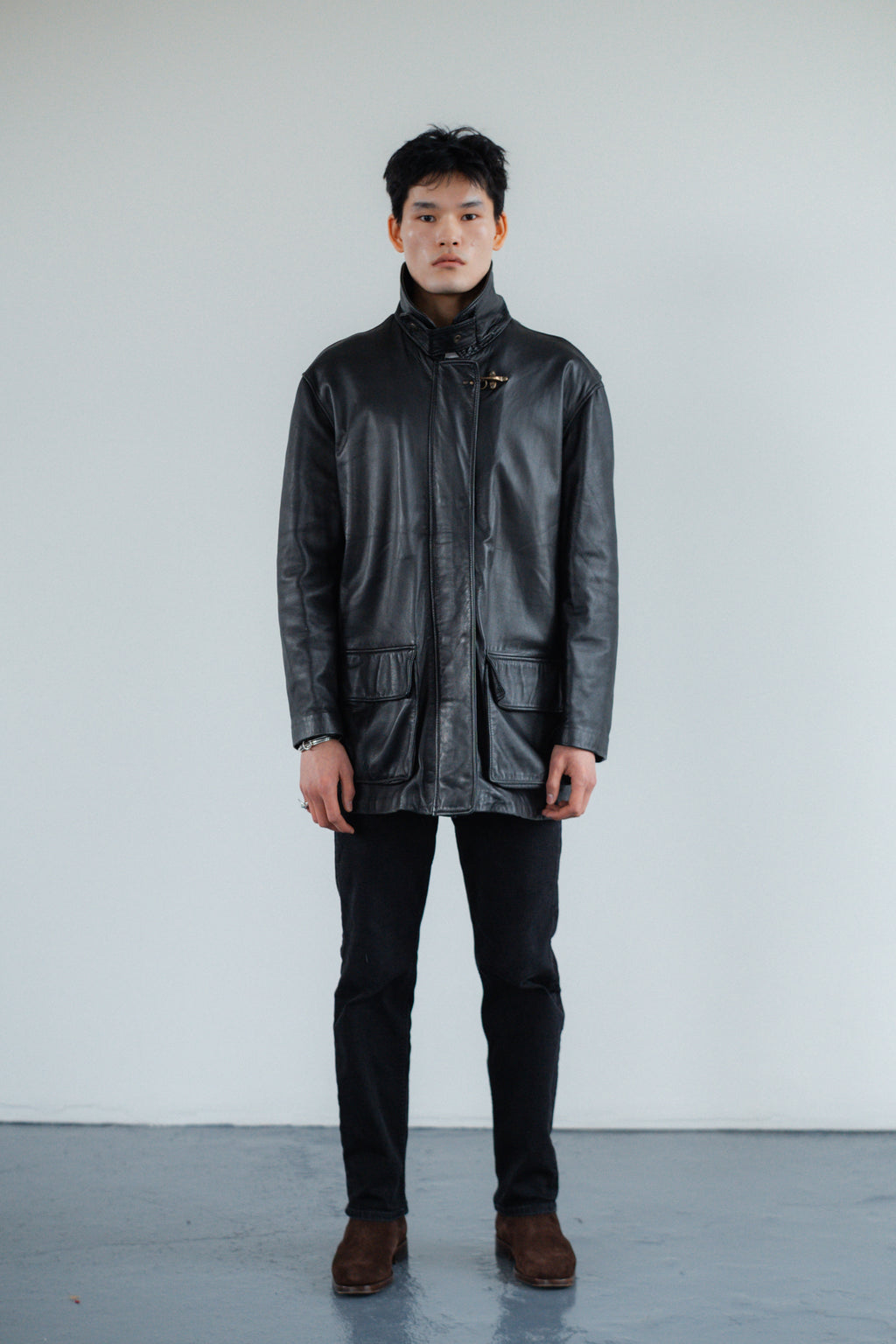 Black Genuine Utility Leather Coat with High Collar