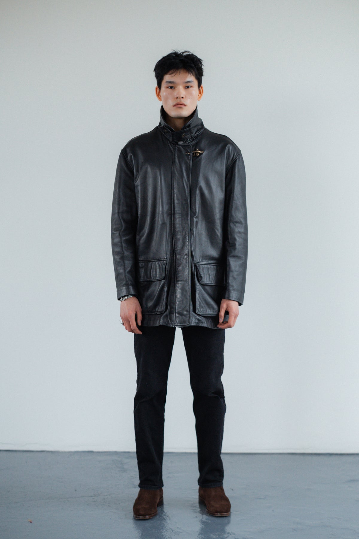 Black Genuine Utility Leather Coat with High Collar
