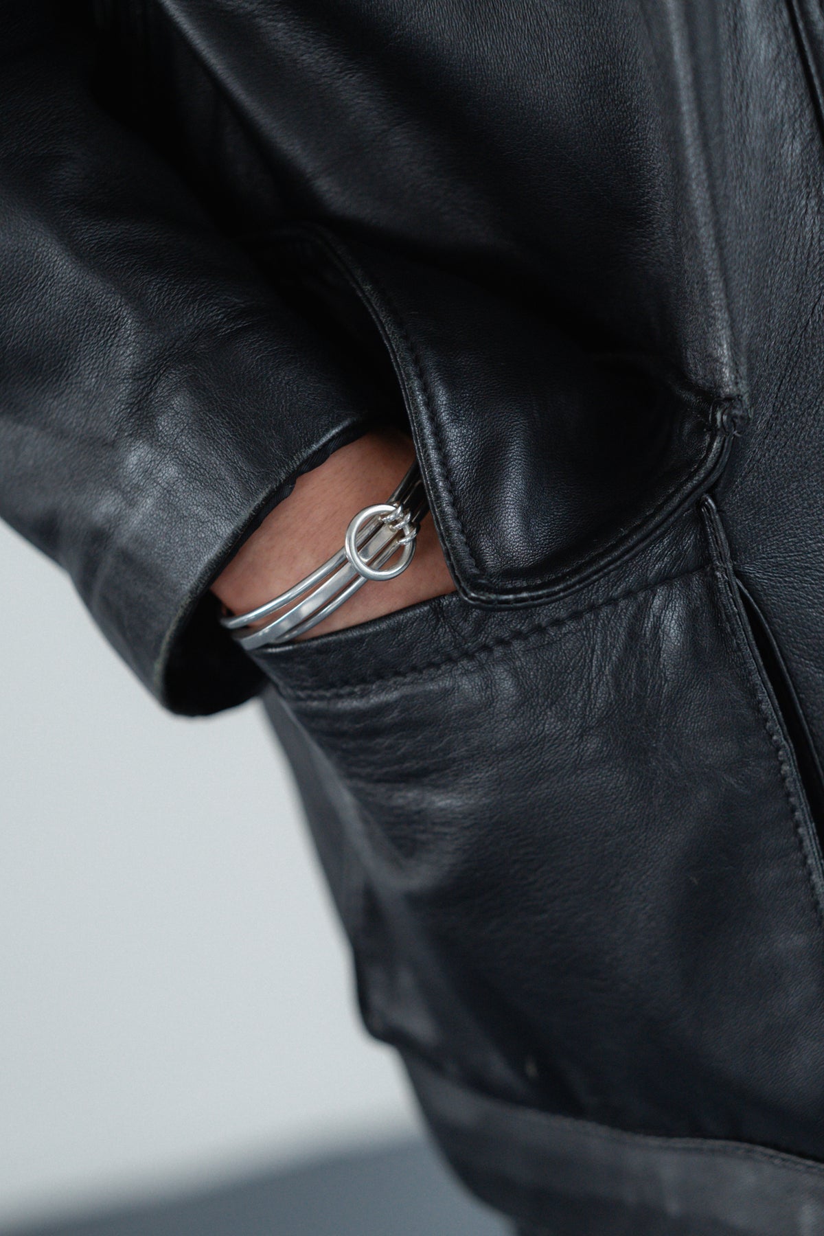 Black Genuine Utility Leather Coat with High Collar