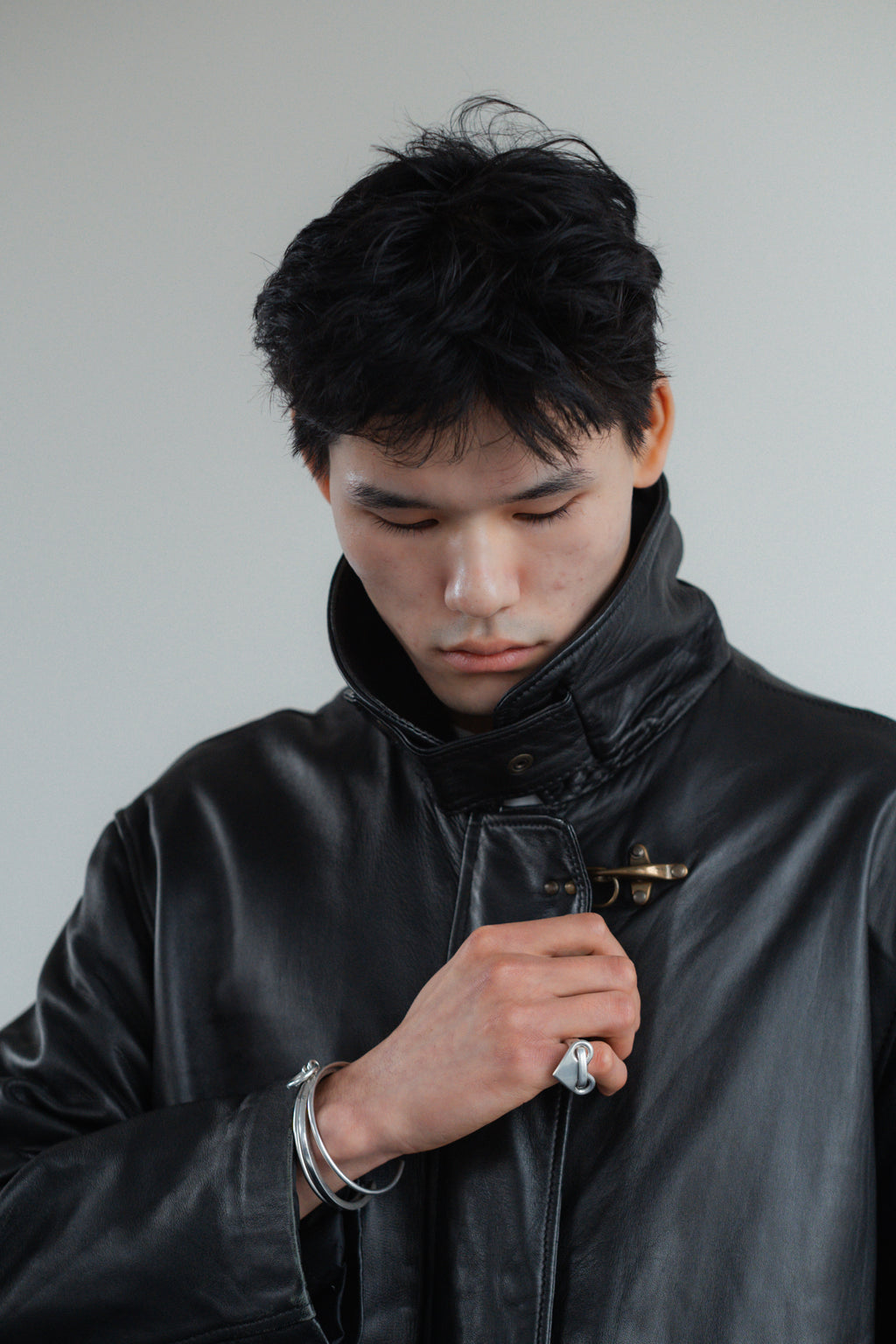 Black Genuine Utility Leather Coat with High Collar