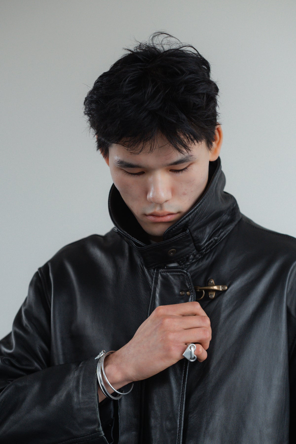 Black Genuine Utility Leather Coat with High Collar