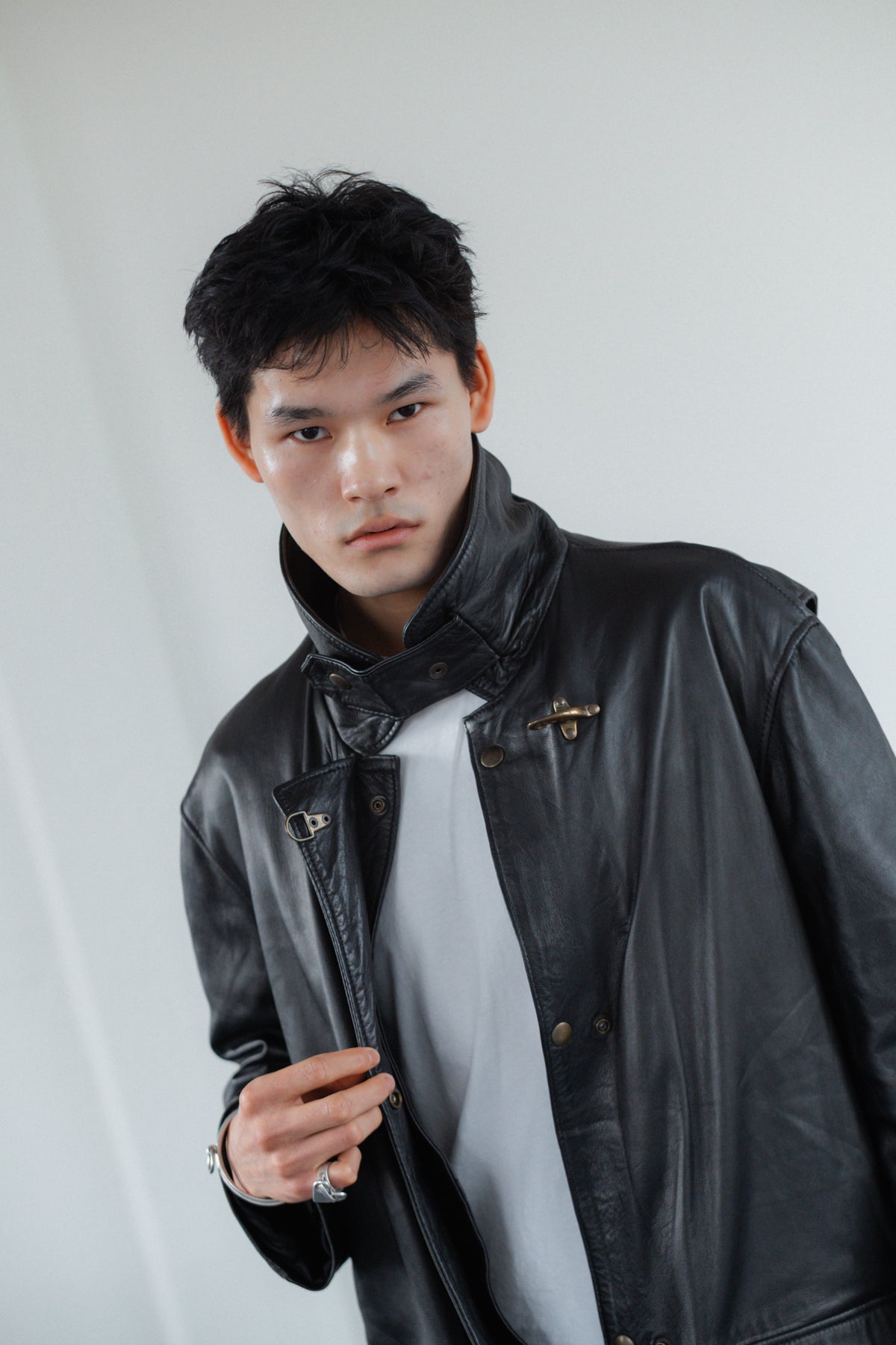 Black Genuine Utility Leather Coat with High Collar