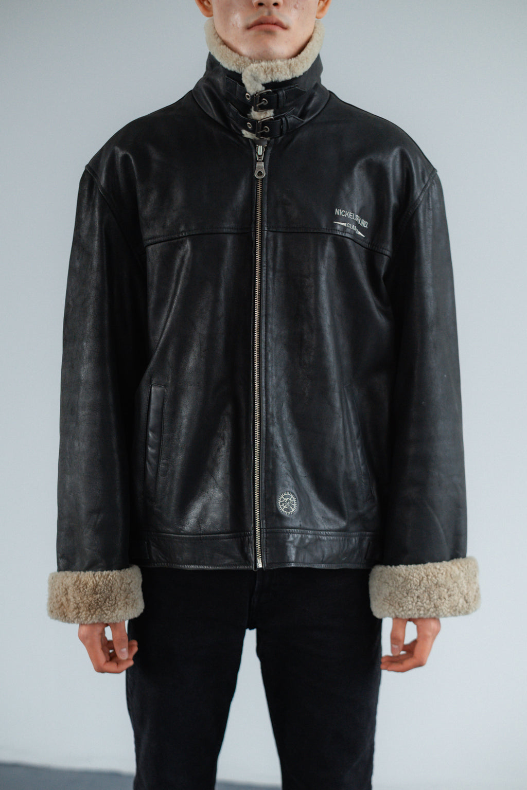 Black Genuine Leather Heavy Jacket with Shearling Trim
