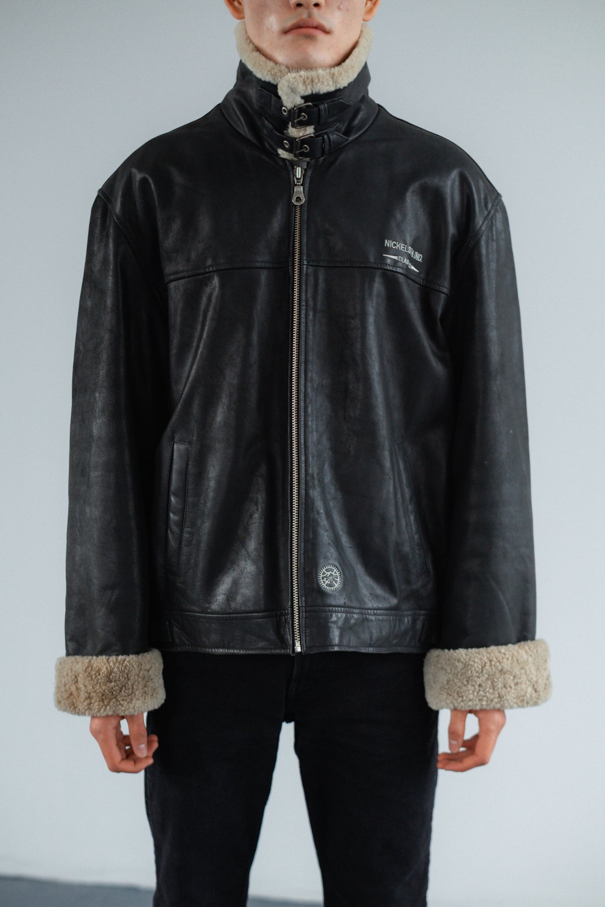 Black Genuine Leather Heavy Jacket with Shearling Trim