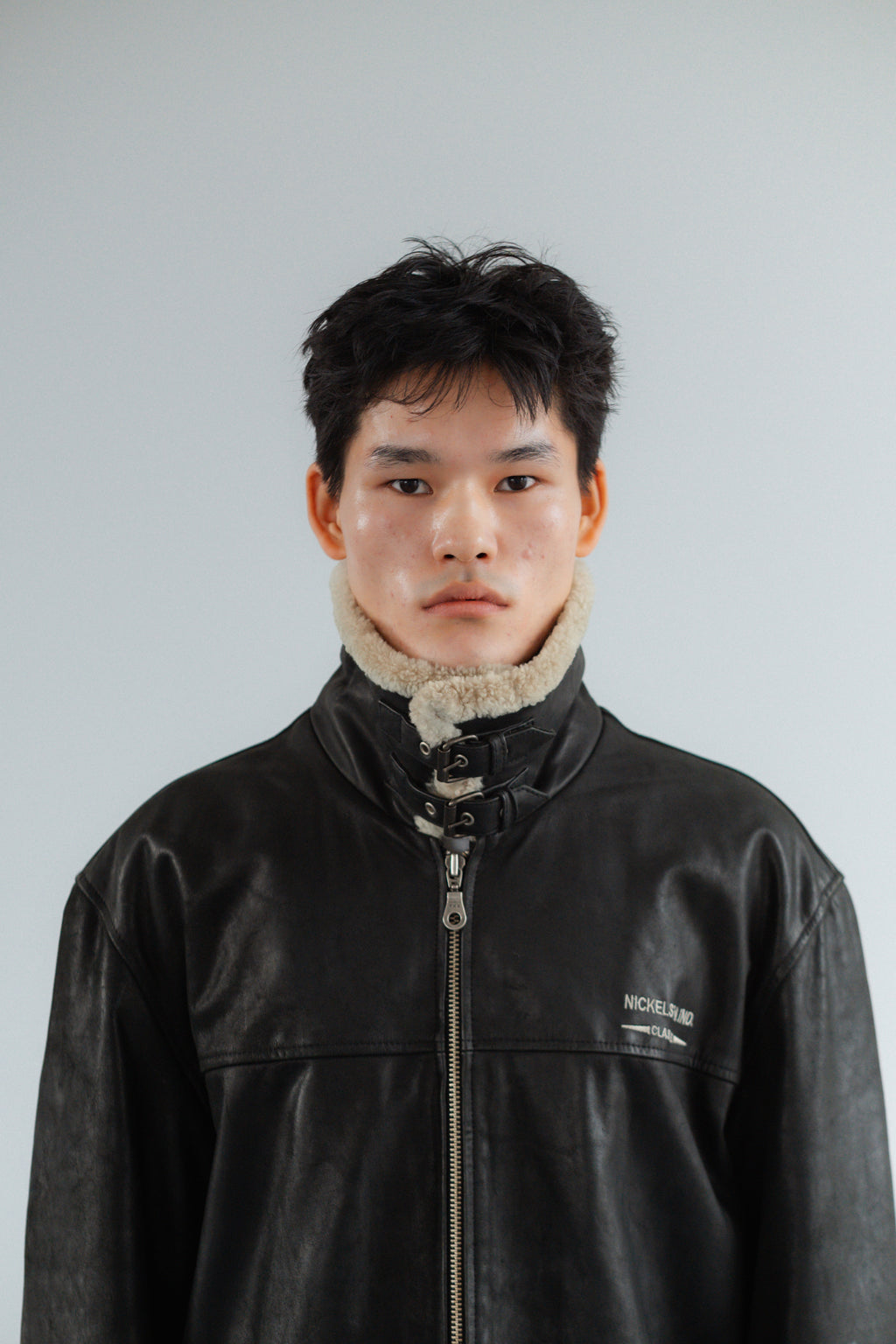 Black Genuine Leather Heavy Jacket with Shearling Trim