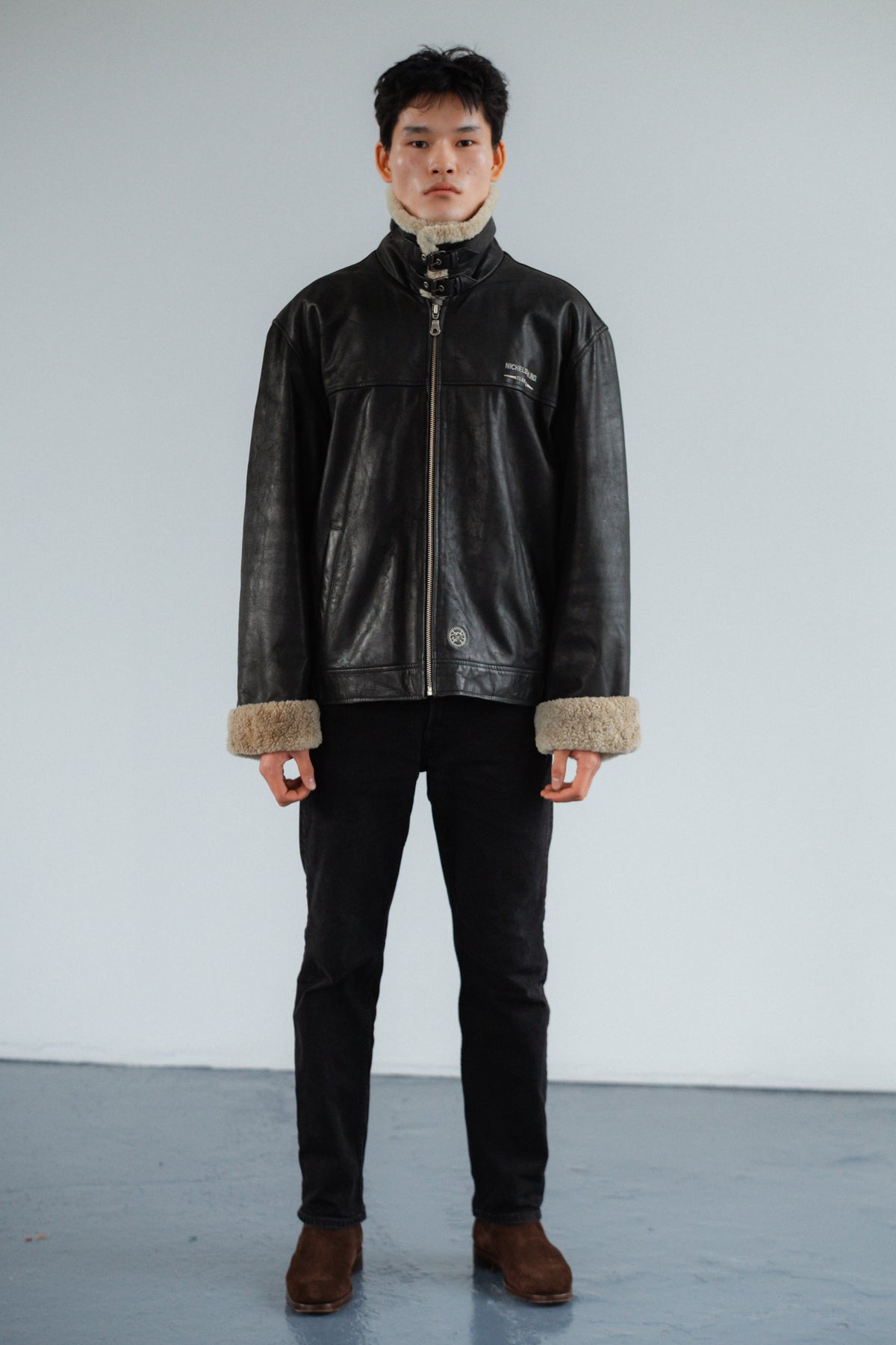 Black Genuine Leather Heavy Jacket with Shearling Trim